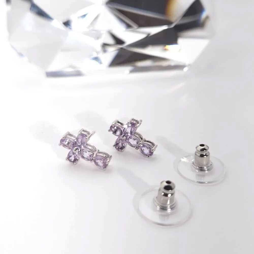 Amethyst Rose de France Cross Post Earrings